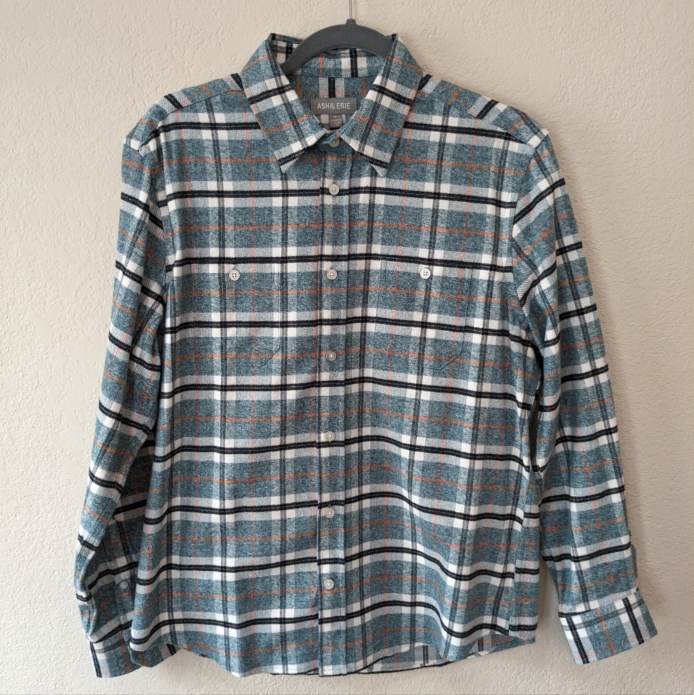 Ash & Erie Flannel Long Sleeve Shirt- Mint Blue Plaid - Medium Standard
